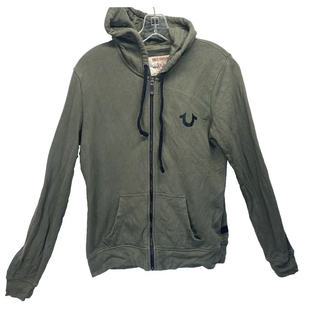 True Religion M Hoodie Budda World Tour Logo Full Zip Olive Green Y2K Vintage